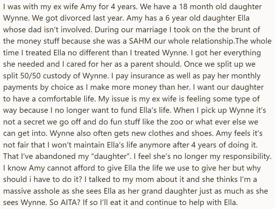 Man criticized for cutting financial support to ex-wife’s daughter after divorce despite raising her as his own.