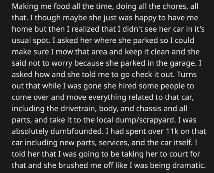 He had spent over $11,000 on that Impala. He told his girlfriend he would sue her for the amount, but she brushed it off as if he were overreacting.
