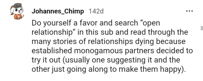 The OP should go ahead and search for the meaning of open marriage