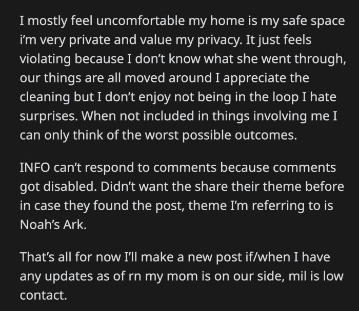 OP felt that her MIL invaded her home. The good thing is, her partner and his mom are not speaking because of what happened. For the curious, the theme the moms planned for the baby shower was Noah's Ark.