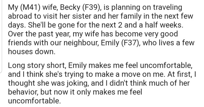 OP is uncomfortable around his wife's friend, Emily