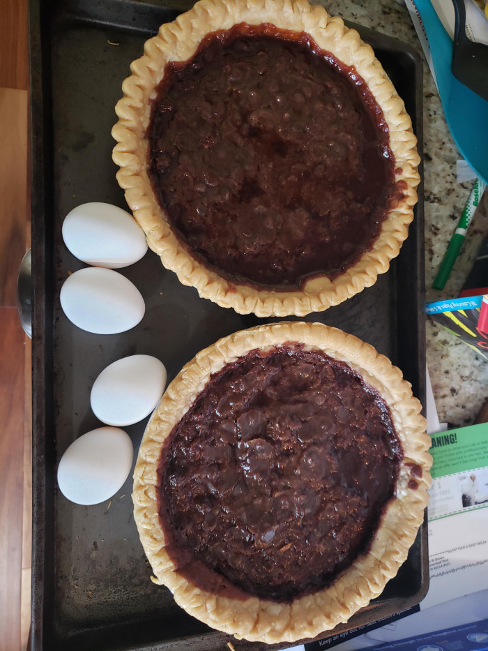 6. See those eggs? They are supposed to be in the pies. I made two hot, oily chocolate garbage circles.