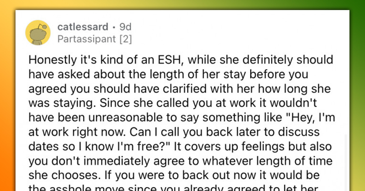 Woman Asks If She's An A**hole For Not Wanting Her Friend To Stay With Her For More Than Five Days