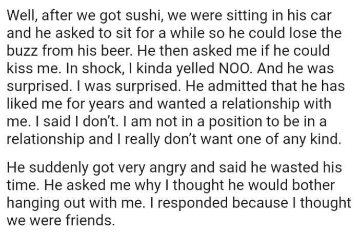 The OP is not in a position to be in a relationship, and she really doesn’t want one of any kind