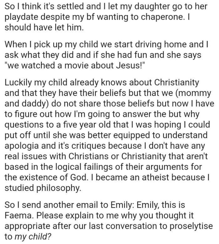 OP's child already knows about Christianity and that they have their beliefs but that we do not share those beliefs