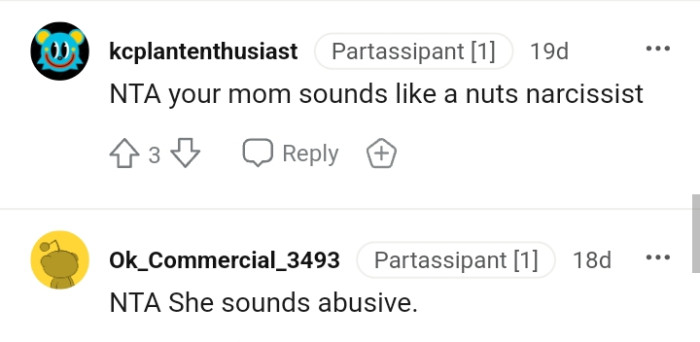 Another Redditor who believes the OP's mom is a narcissist and sounds abusive