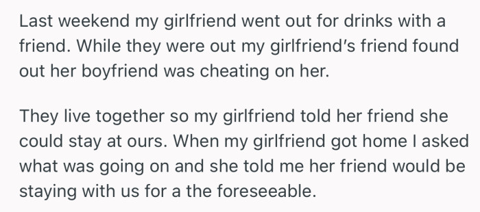 OP girlfriend asked her friend to move in with them after recently catching her boyfriend cheating