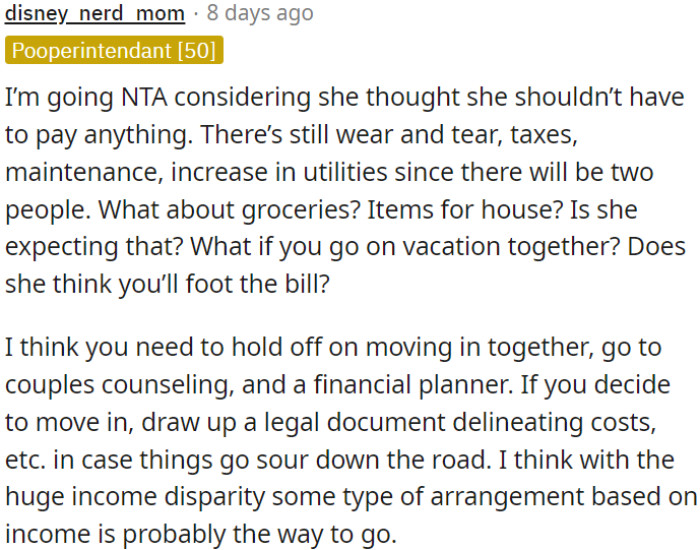 Prioritize couples counseling and financial planning before moving in.