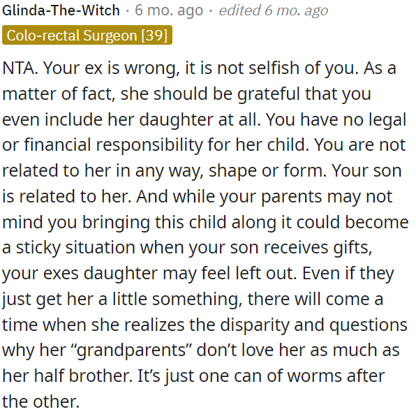 OP's ex should appreciate that he is including her daughter, even though OP has no legal or financial responsibility for her.