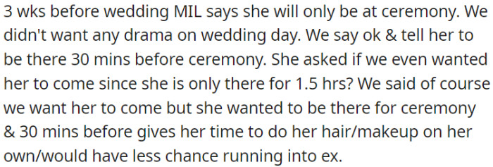 Three weeks before the wedding, MIL decides to attend only the ceremony to avoid drama