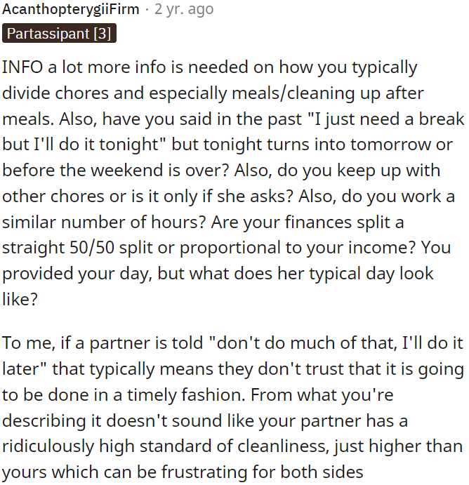 Cleanliness standards may differ between partners.