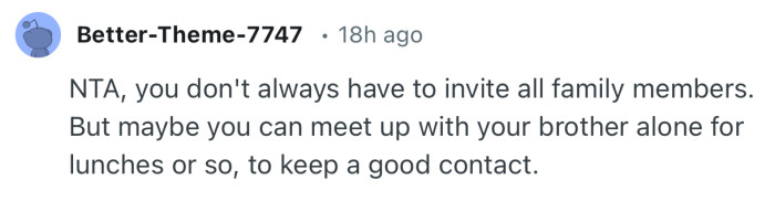 “NTA, you don't always have to invite all family members.”