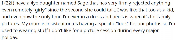 OP has a 4-year-old daughter, Sage, who has made it clear that she does not want to wear anything 'girly.'