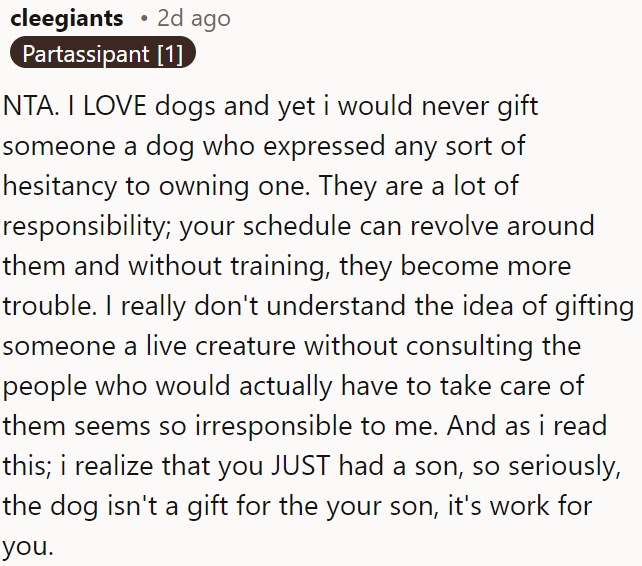 It's a huge responsibility that shouldn't be imposed without consultation, especially after having a child.