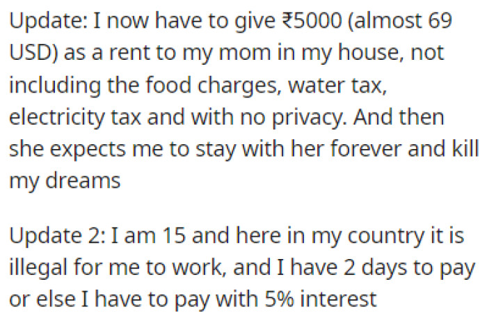 OP shared in an update that he now has to pay rent and bills to stay with his parents