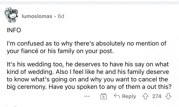 People seem to be very concerned about the fiancé's family and his opinion.