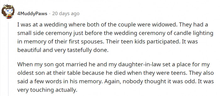 This Redditor shared a story of a widowed couple who used their wedding ceremony to pay respect to their first spouses