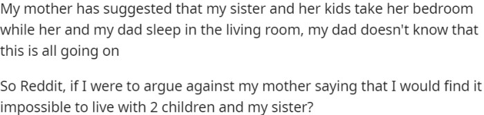 OP's mother proposes that their sister and her children take her bedroom.