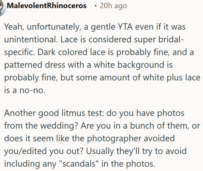 Wearing white lace to a wedding is a mistake, even when it's not on purpose