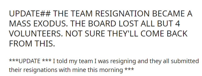 Update from OP: their team's mass resignation left only four volunteers, casting doubt on the board's ability to rebound from this setback.