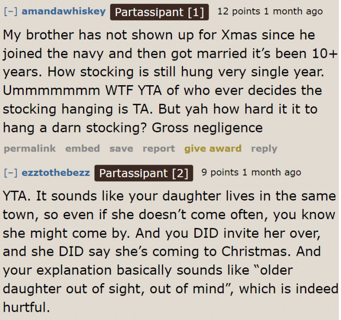 It's very easy to hang a family member's stocking. That's why Redditors are puzzled about why he isn't doing this for his daughter.