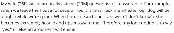 OP starts off by stating the issue and then gives a little example of a type of question that his wife might ask.
