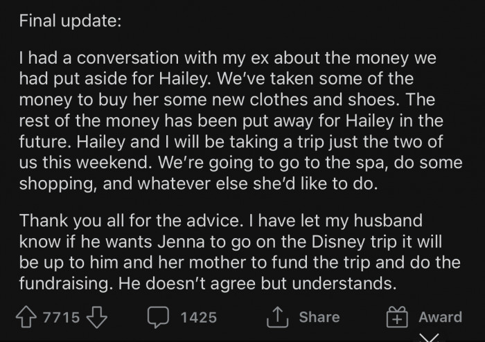 OP thanked everyone for their advice in her final update.