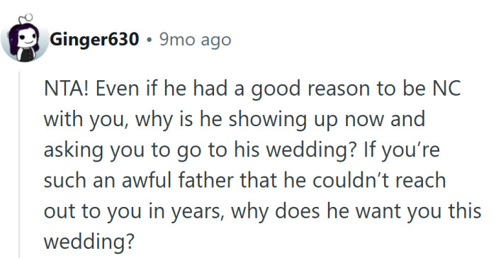 The math doesn’t add up—years of silence followed by an invite feels more like guilt than love.