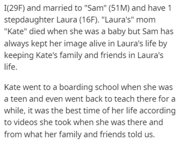 OP is married to Sam, who brought his daughter, Laura, into the marriage