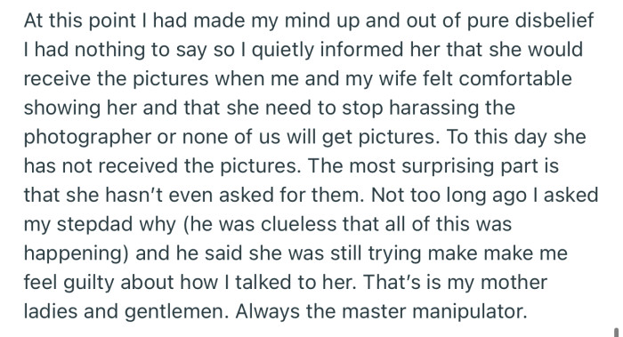 OP made it clear that they would only release the pictures to her when they and their wife feel comfortable doing so