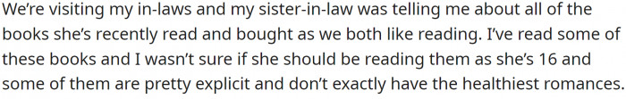 OP visited her in-laws and had a conversation with her sister-in-law regarding books they both enjoyed reading.