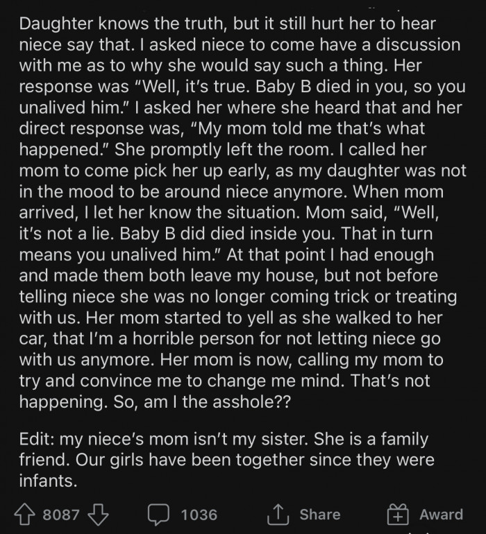 OP was shocked after hearing what her niece dared to say to her daughter.