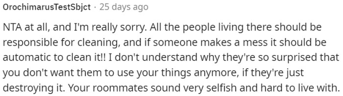 Roommates failed to clean, didn't respect personal belongings, and showed selfishness.