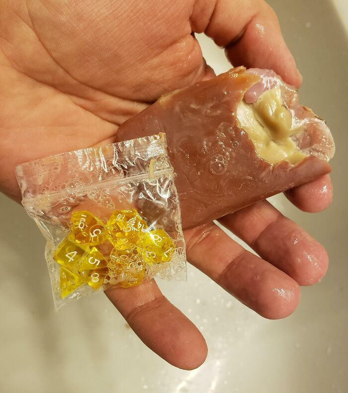 33. In their bar of soap, they discovered a bag of miniature dice.