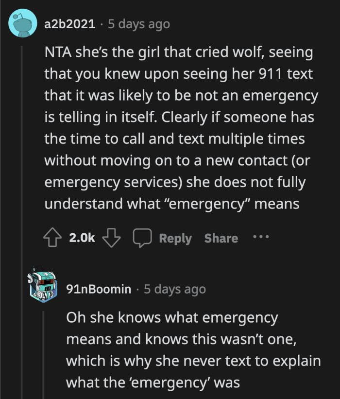 She had enough time to place all those calls, but no time to text OP exactly what her 