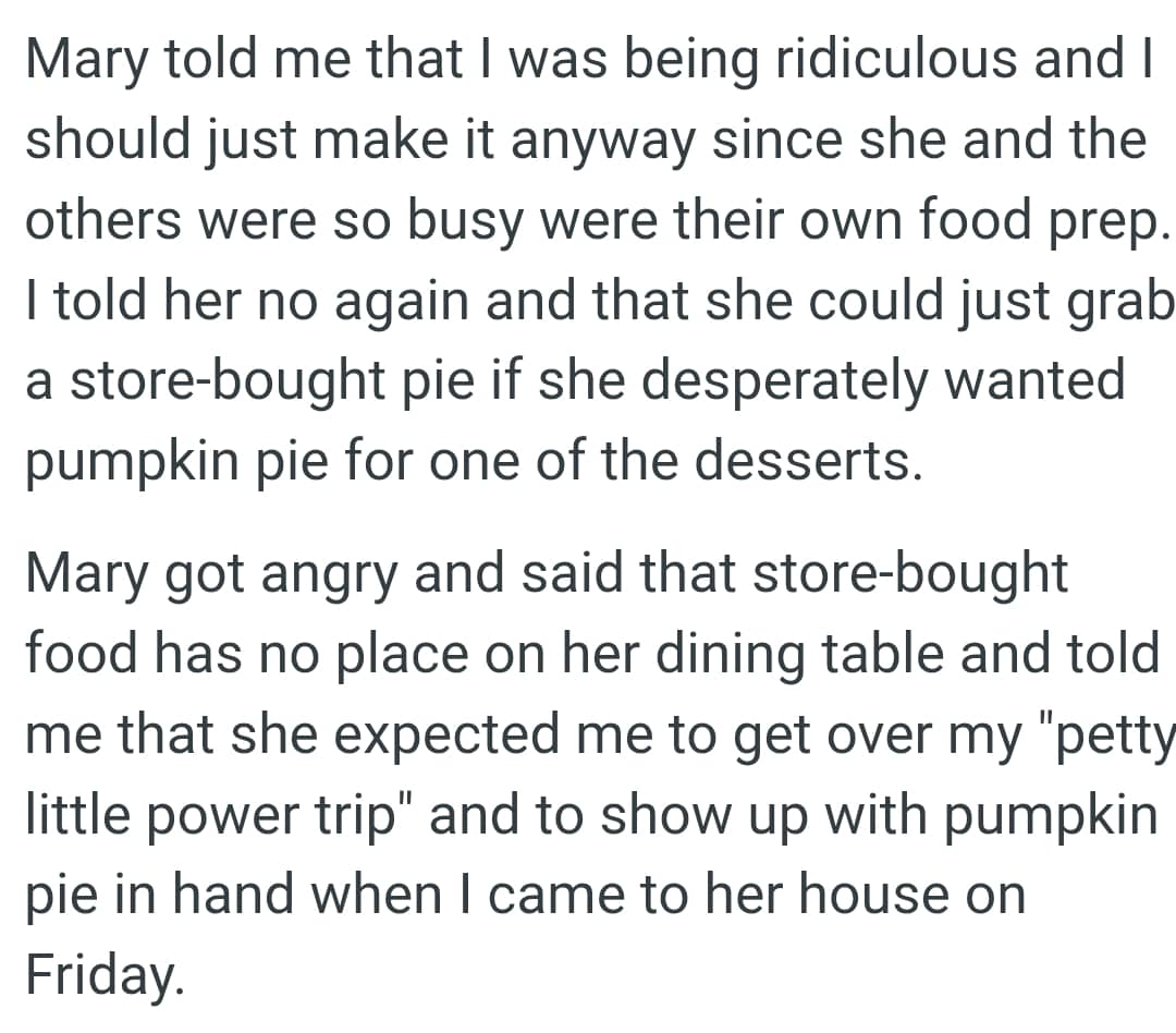 MIL said that store-bought food has no place on her dining table