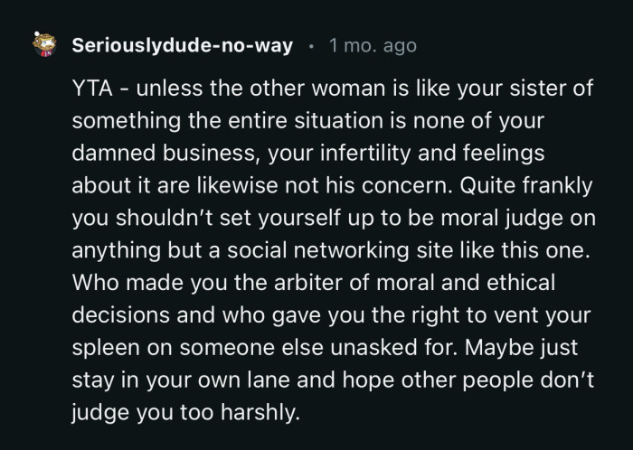 The OP shouldn’t let herself be a moral judge on anything but a social networking site