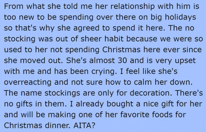 He wants to know if he was wrong for not hanging his daughter's stocking.