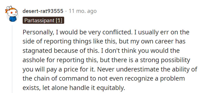 Balancing career and principles is like a seesaw, and reporting might not make her the AH, but dealing with the chain of command's problem-blindness can feel like a tilt at windmills.