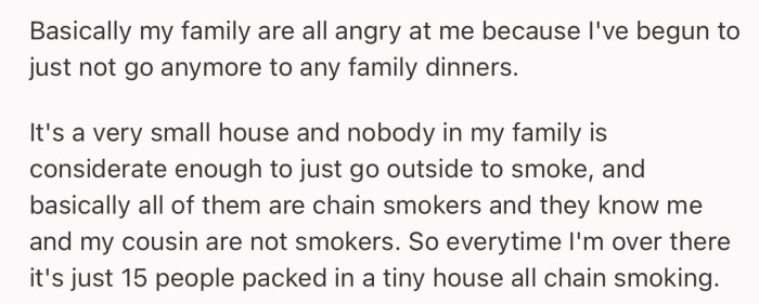 OP decided to stop going to family dinners due to the persistent smoking of family members