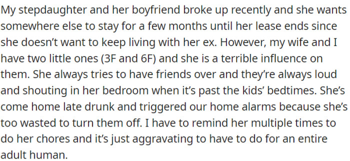 OP's Stepdaughter Needs a Place After a Breakup, but She Is Disruptive to OP's Kids - Invites Loud Friends, Comes Home Drunk, Neglects Chores
