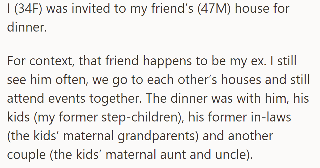 OP dines at her ex's with his kids, former in-laws, and another couple, negotiating a complex social dynamic.