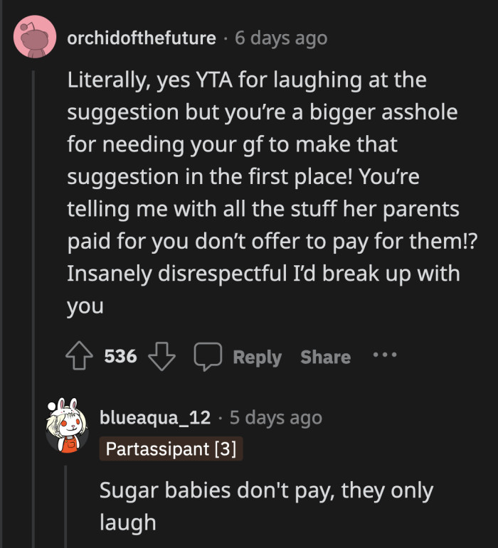 Not once did it cross OP's mind to at least offer to pay for one meal. He mocked his GF when she managed to bring it up.