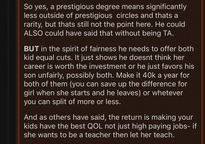 OP needs to offer both kids equal cuts.