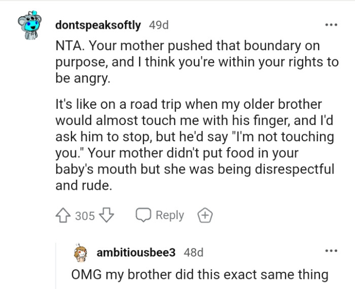 The OP's mom didn't put food in the baby's mouth but was being disrespectful