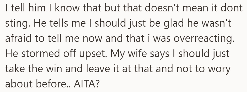 OP acknowledges son's bravery but says that it hurts. Son says OP is just having an overreaction and storms off.