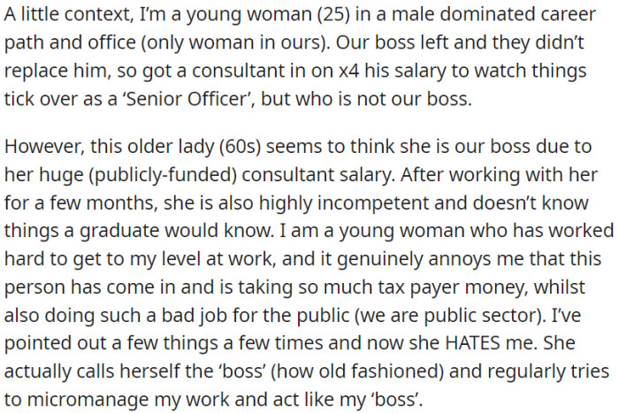 OP is in a male-dominated career and office, and the absence of a boss led to the hiring of a highly-paid consultant, an older woman, who overstepped her role despite her incompetence.