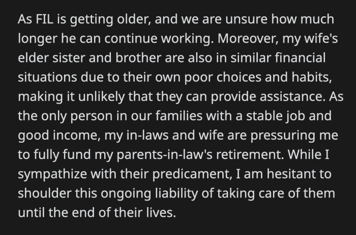 He already paid for their debts once and he won't do so again. He told his wife that he owes nothing to her parents.