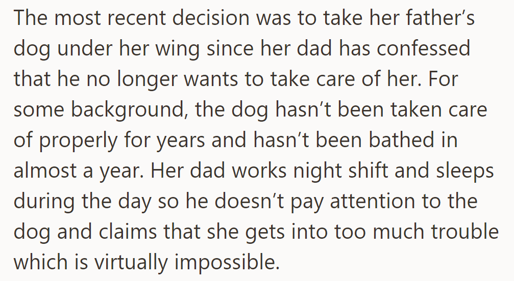 Doreen decided to take in her father's neglected dog despite his objections and caregiving issues.
