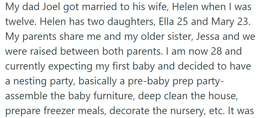 At 28, expecting her first baby, OP plans a nesting party with her stepmom Helen's daughters and sister to prepare for the arrival.